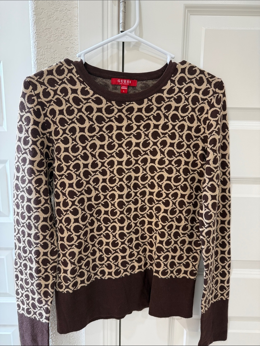 GUESS Brown and Cream Logo Jacquard Crewneck Sweater
